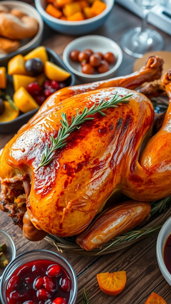 A perfectly roasted cider-brined turkey garnished with rosemary, surrounded by festive side dishes on a wooden table.